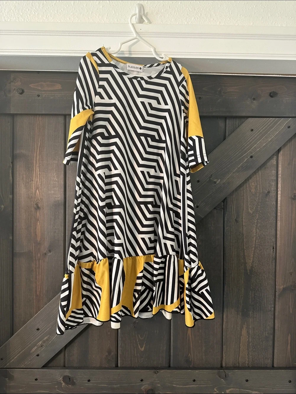 Luccoluv Black & Yellow Geometric Girls' Ruffle Hem Dress